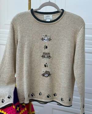 Vintage Christopher & Banks Hand Embroidered Cat & Paw Print Knit Sweater Size M
